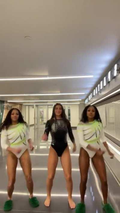 Delanie Harkness Michigan all caked up with that leotard and friends