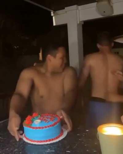 Desperately trying the birthday cake gag