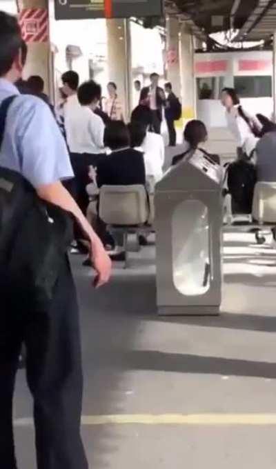 Man inappropriately touch school girls and they fight back. Man in suit gives them a helping foot.