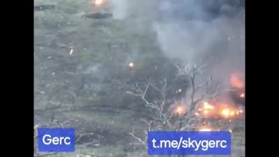 Two russian soldiers on a ATV hit an anti-tank mine in Donetsk region