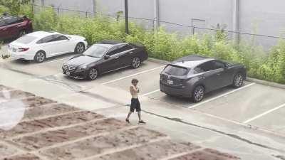 Danced his way through my office buildings parking lot. What you don’t see is later, him slamming in to cars and repeatedly throwing himself on the concrete.