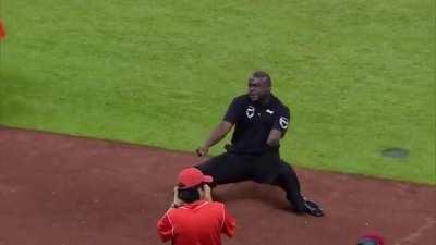 Team mascot and security guard vibing