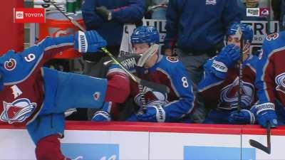 Erik Johnson slips coming over the boards, almost kills Cale Makar