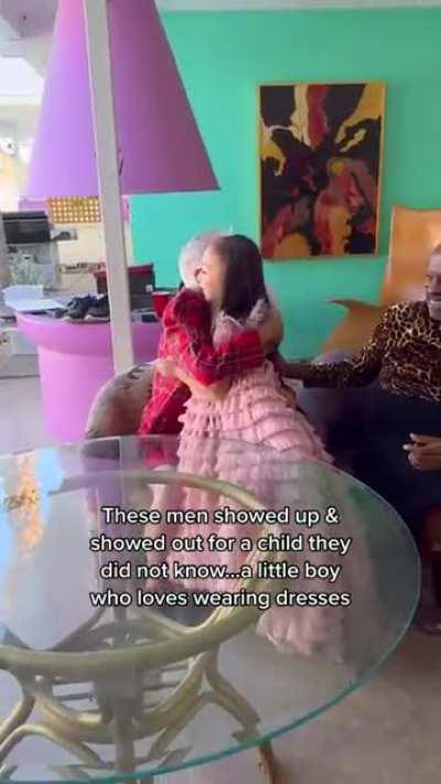 group of men wear dresses to give a kid the chance to feel comfortable dressing the way he feels best 🏳️‍🌈 @themcleodfam