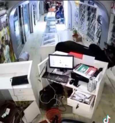 Enters shop comes back