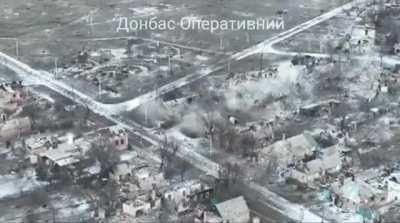 Ua Pov Ukrainian drone reportedly directs a BMP to fire on a close-range Russian position in Bakhmut. A man is seen running by the targeted house at 0:41 seconds in, then an ATGM hits.