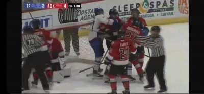 Ivan Chukarov accidentally punches his own teammate as a scrum was starting in front of his net