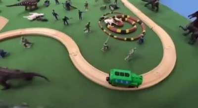 Stressful Rube Goldberg machine with dinosaurs