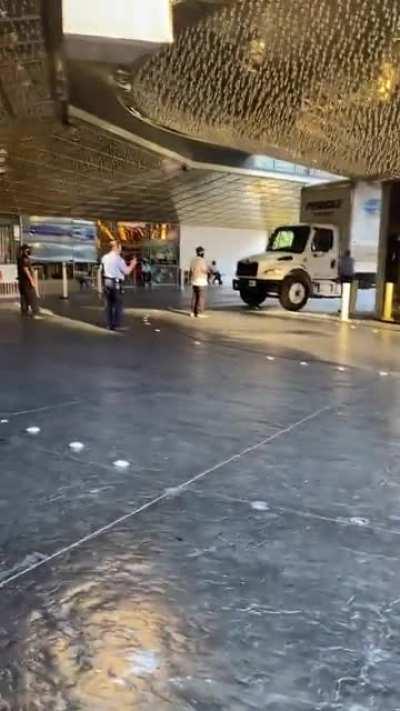 Someone wedged a truck under the canopy at The Plaza Las Vegas this morning.