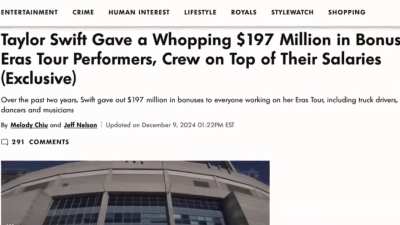 Taylor Swift’s ‘The Eras Tour’ crew’s reaction as they receive their bonus for working on the tour amounting to more $197 million dollars