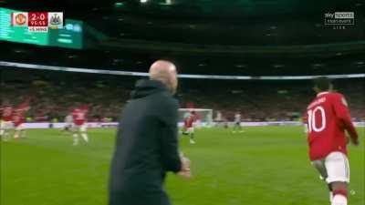 FT Scenes. Ten Hag, Dalot, Rashford celebrating