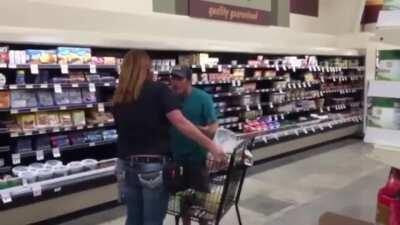 Anti-masker throws a temper tantrum at female employee & cowers when men intervene