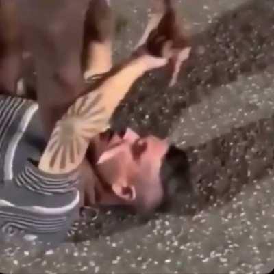 Dude gets dropped after threatening violence.