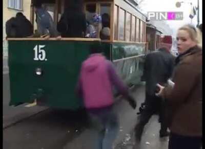Idiot tram driver smashes into another tram in Bosnia