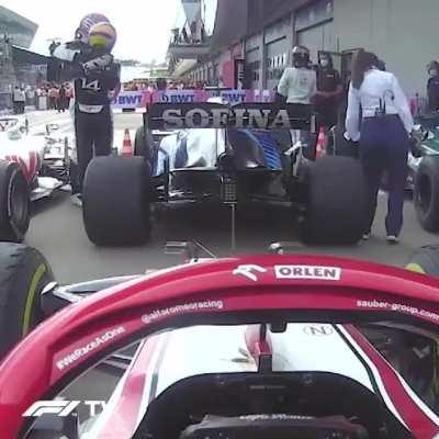 Russell and Alonso hug it out after the race