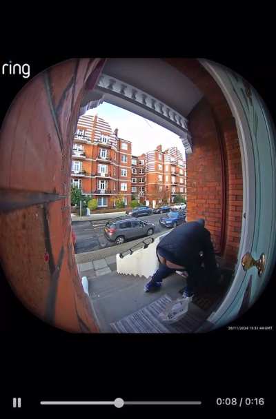 Parcel thief in Battersea, London with a dirty backside.