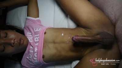 Skinny ladyboy handcuffed to bed and jerked while fucked till she cums.