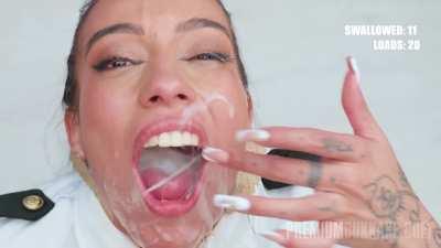 Slutty flight attendant gagging on cum