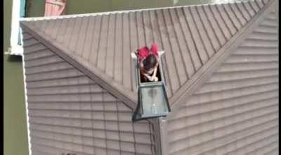 Drone delivering care package to Ukrainian civilian trapped in a flooded house