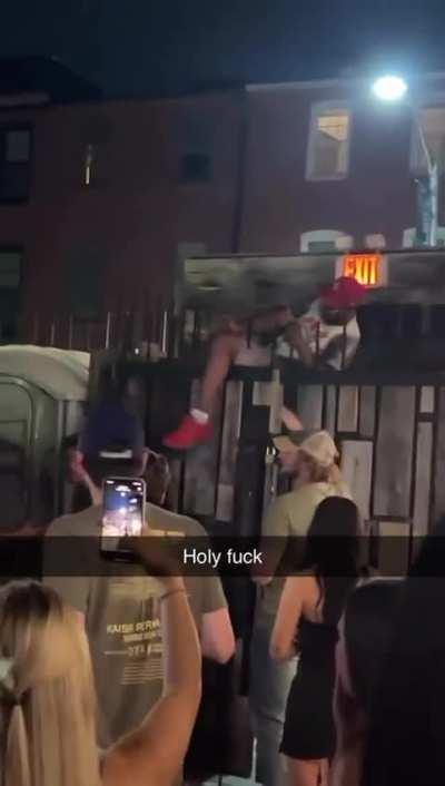 Guy tries to creep on girls and gets rejected from bar. Tries to climb the fence and…