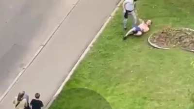 A half-naked drug addict tried to take a child away from his mother.