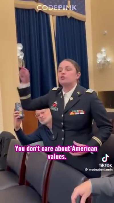 17-year veteran and intelligence officer disrupted the House Committee on Veterans' Affairs to call out the billions its members send to fund genocide in Gaza while veterans are left