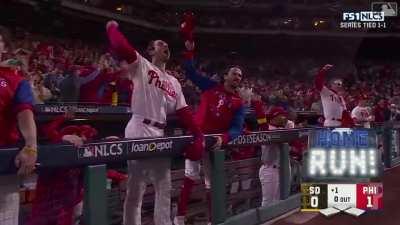 [Highlight] [Highlight] Kyle Schwarber leads off NLCS Game 3 with a solo bomb to send Citizens Bank Park into a frenzy!