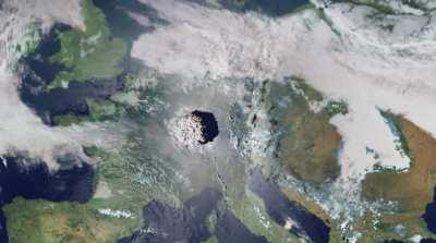 The size of Tonga&rsquo;s volcanic explosion compared to Europe [OC]