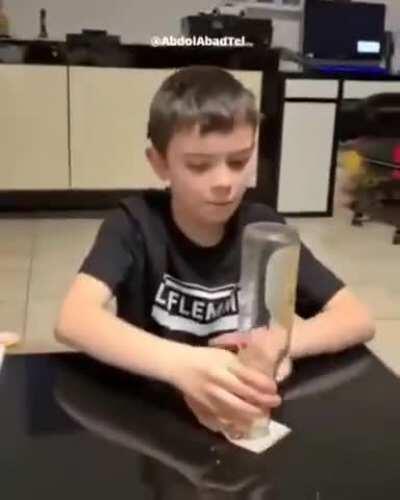 Guy schooled by a kid with 'magic' trick...