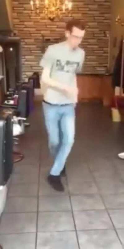 Chad dancing cheerfully because of ballin’ new haircut