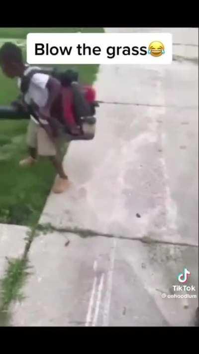 The leaf blower is bigger than him😂