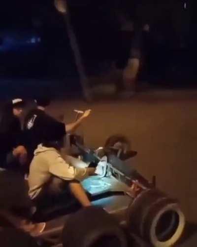 me and the boys driving into the piggy ship with our makeshift car: