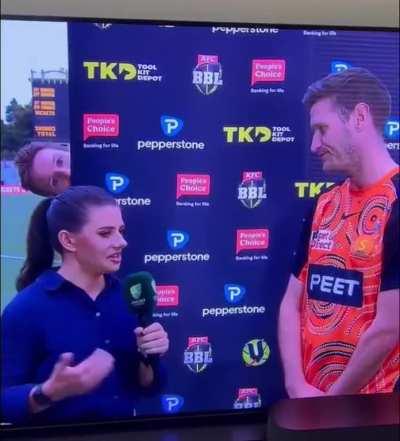 Andrew Tye mucking around during post game interviews
