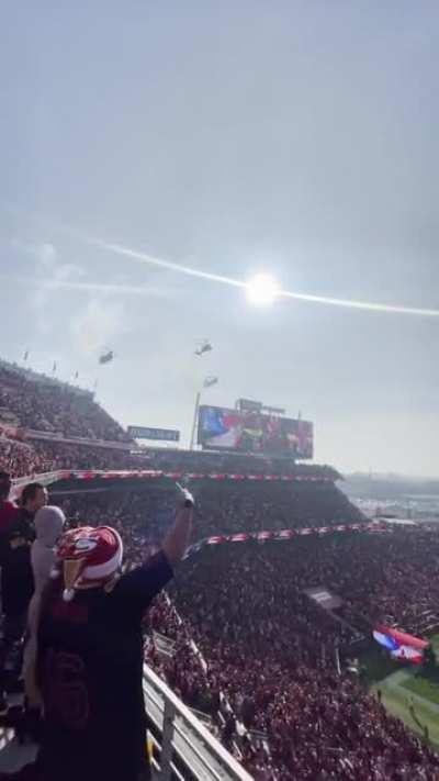 Three helicopters flyover Levi’s Stadium today