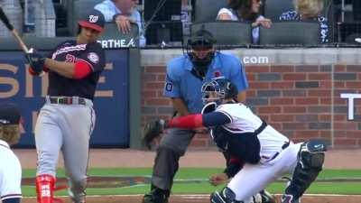 A.J. Minter makes Juan Soto take a wild swing.