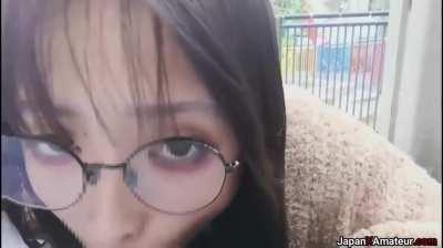 Amateur Japanese Girl With Glasses Deepthroating A Cock In A Park