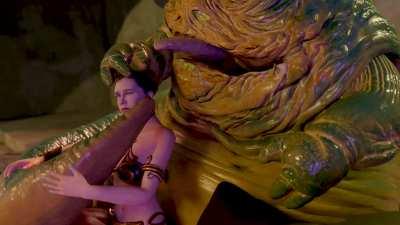Jabba keeps Slave Leia close and licks her face while Oola is thrown down the Rancor Pit after dancing for the Hutt (PN34)