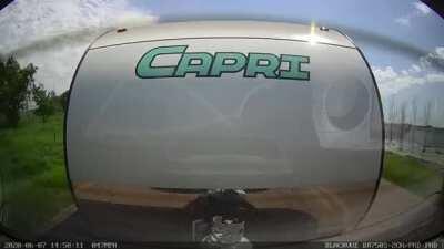 Deer tried to shoot the gap between towing vehicle and camper. Went camping for the first and last time this season. At least in this camper!