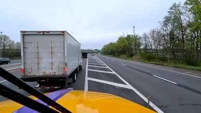 Idiot in box truck can't miss his exit, the worst is there was absolutely nobody behind me and he chooses to almost crash into me instead