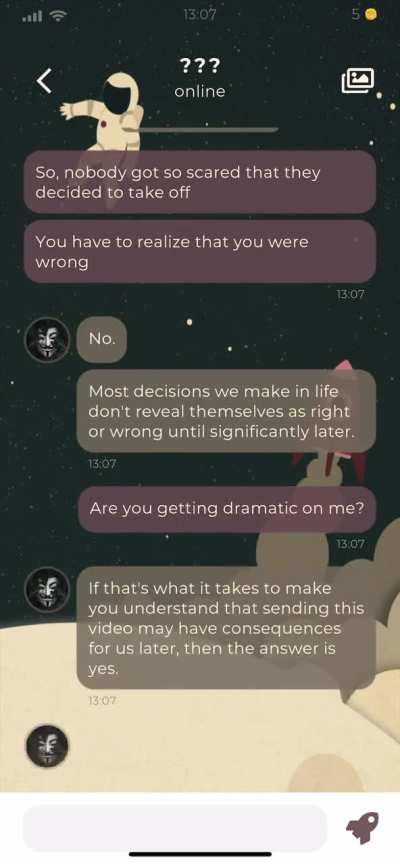 Jake’s response to sending the video of Cleo to the group.