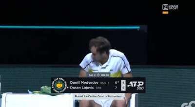 Lajovic beats Medvedev 7-6(4), 6-4. Back to back double faults from Medvedev to get broken, destroys his racket. No #2 for Medvedev this week.