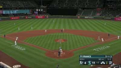 [Highlight] Ty France continues striking back against pitchers for his many HBPs with an RBI single that bounces off of Moll into left field.