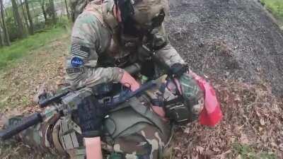 Taginn grenade to the face! Right in the bread basket.