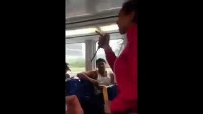 Lady tries and threaten a man after stepping on him