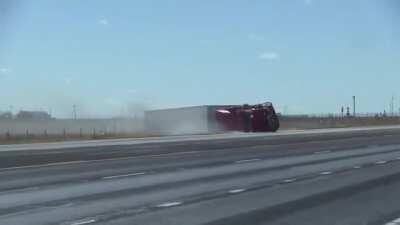 Strong Winds flips Semi on it's side