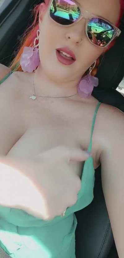 I absolutely love getting my huge tits out in the car