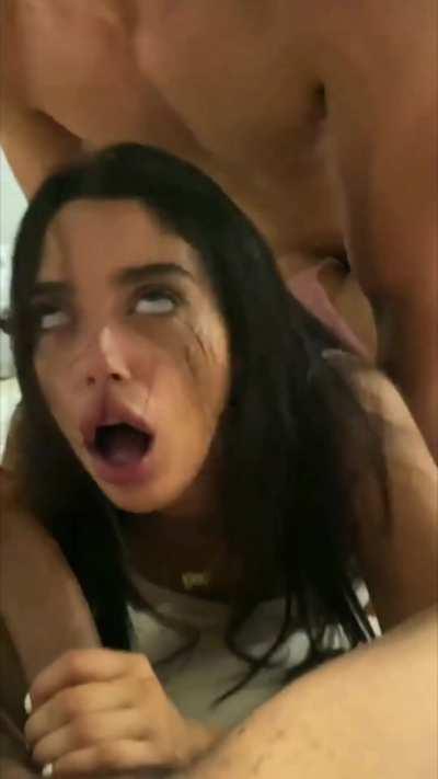 Hot slut loves being spit roasted by 2 big cocks