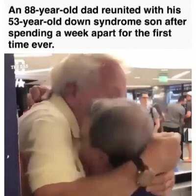 This 88 year-old father had been apart from his 53 year-old son with down syndrome for the first time in his life. Since birth, he has always been around his son and has never been separated from him. This is their reunion at the airport.