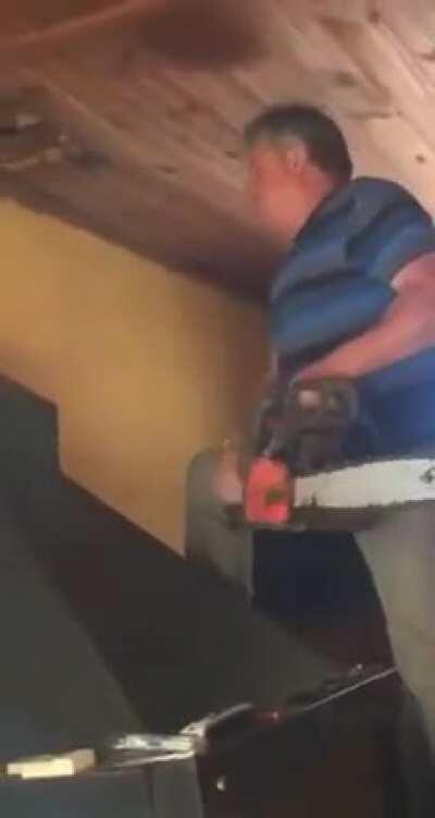 (OSHA) requires that saw operators wear head protection, eye protection, hearing protection, chainsaw chaps or pants, and suitable footwear. Now we all know why.....