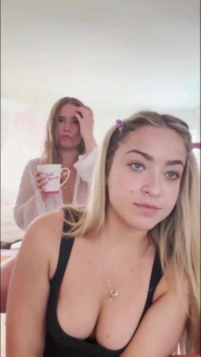 Has no bra on but hard to tell if she’s wearing flesh coloured panties or just let her smooth cooch flash on an IG vid